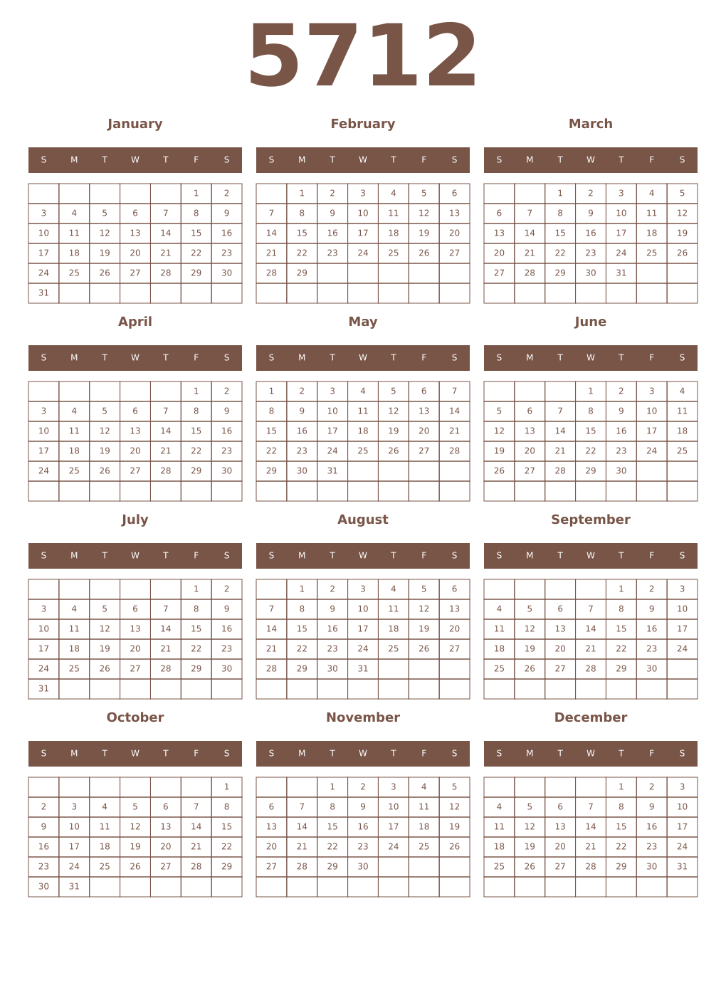 Printable 5712 Year Calendars coffe