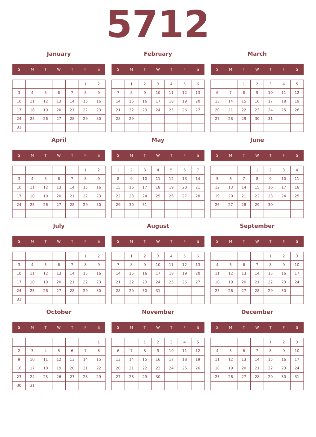 Printable 5712 Year Calendars cordovan