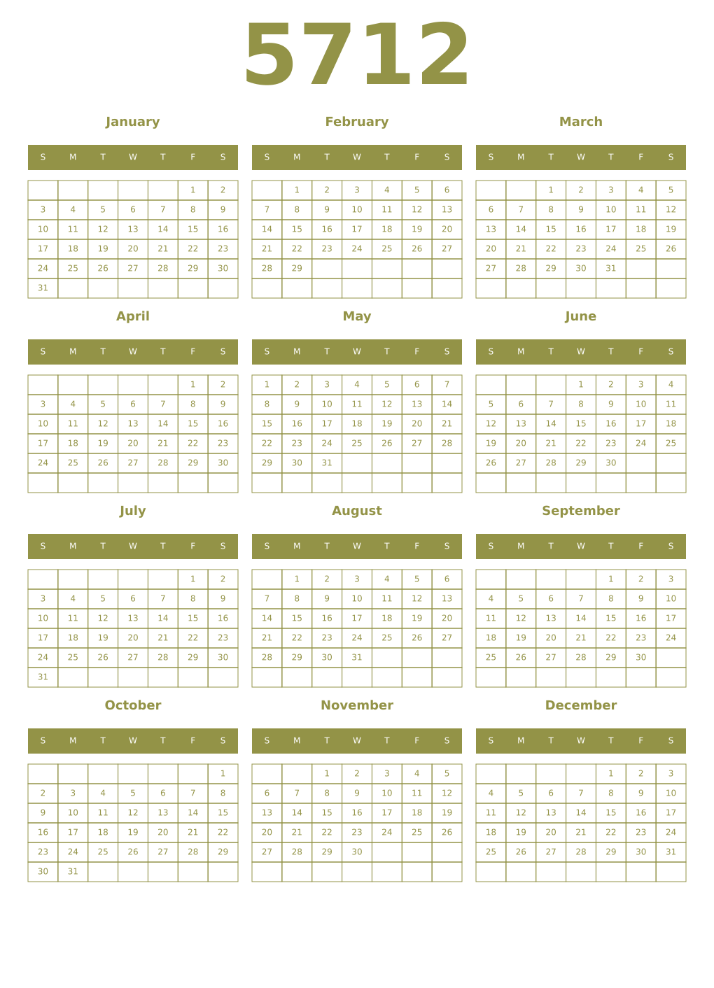 Printable 5712 Year Calendars eburnean