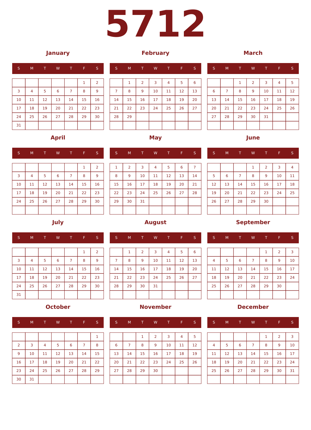 Printable 5712 Year Calendars falu