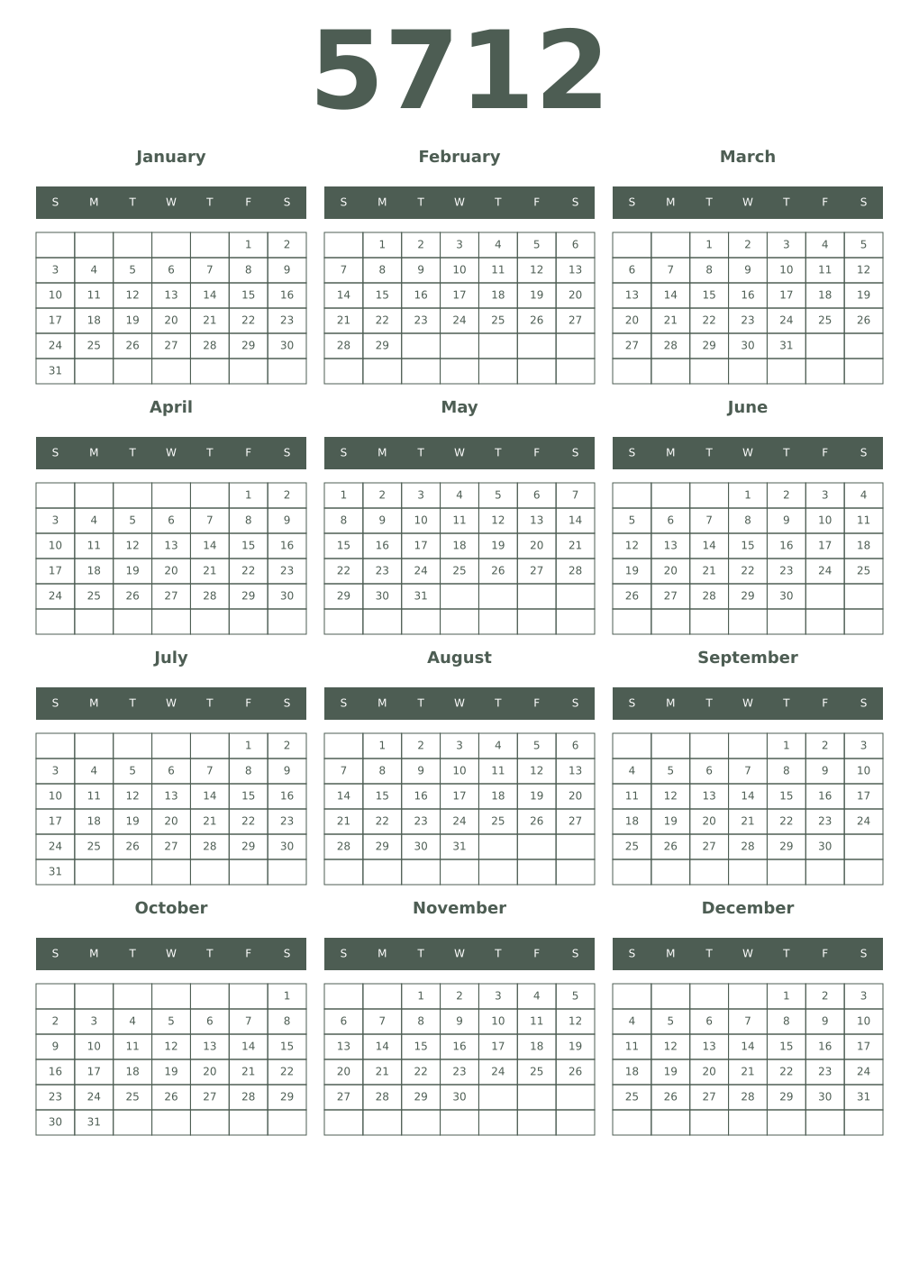 Printable 5712 Year Calendars feldgrau