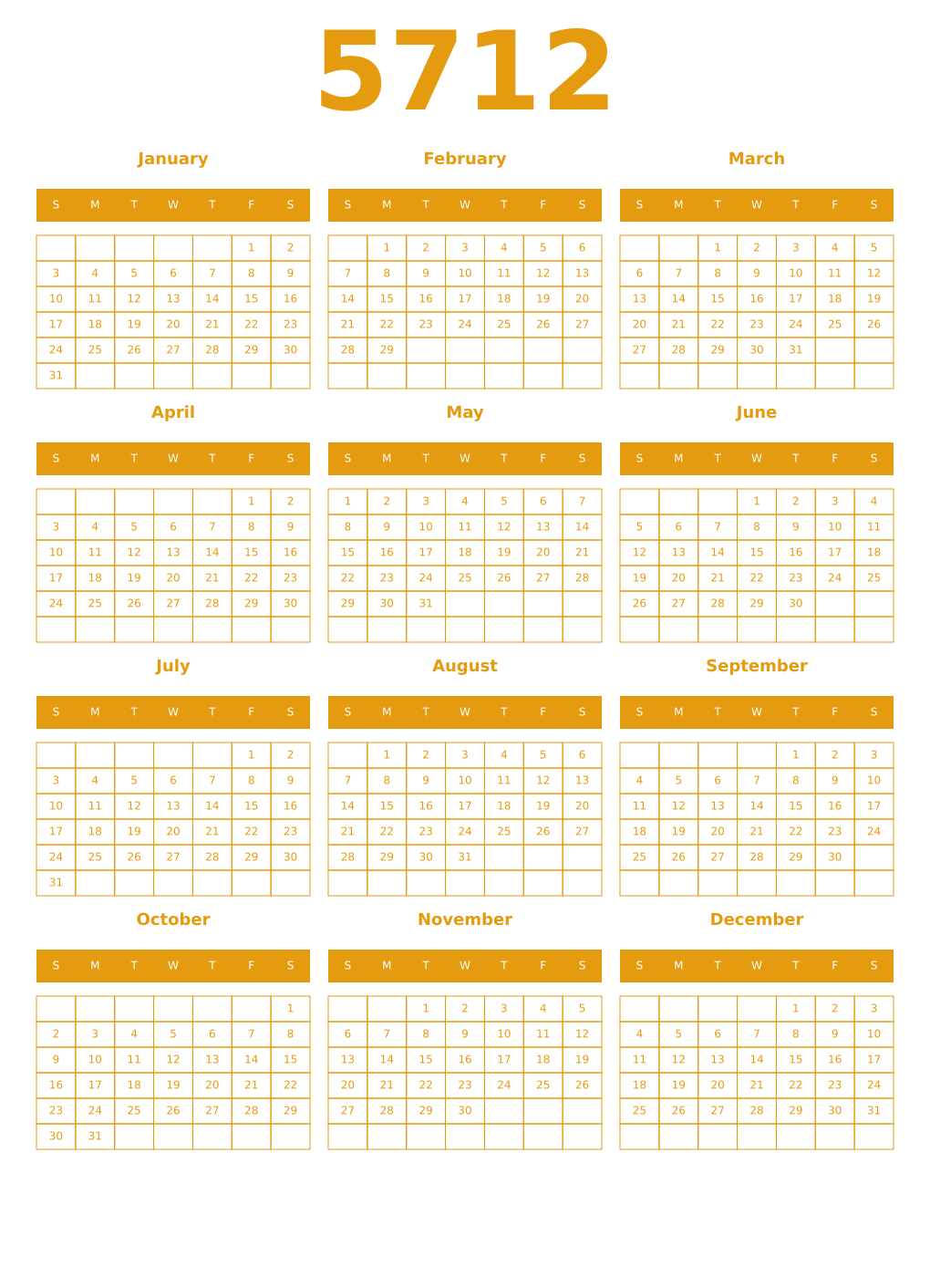 Printable 5712 Year Calendars gamboge