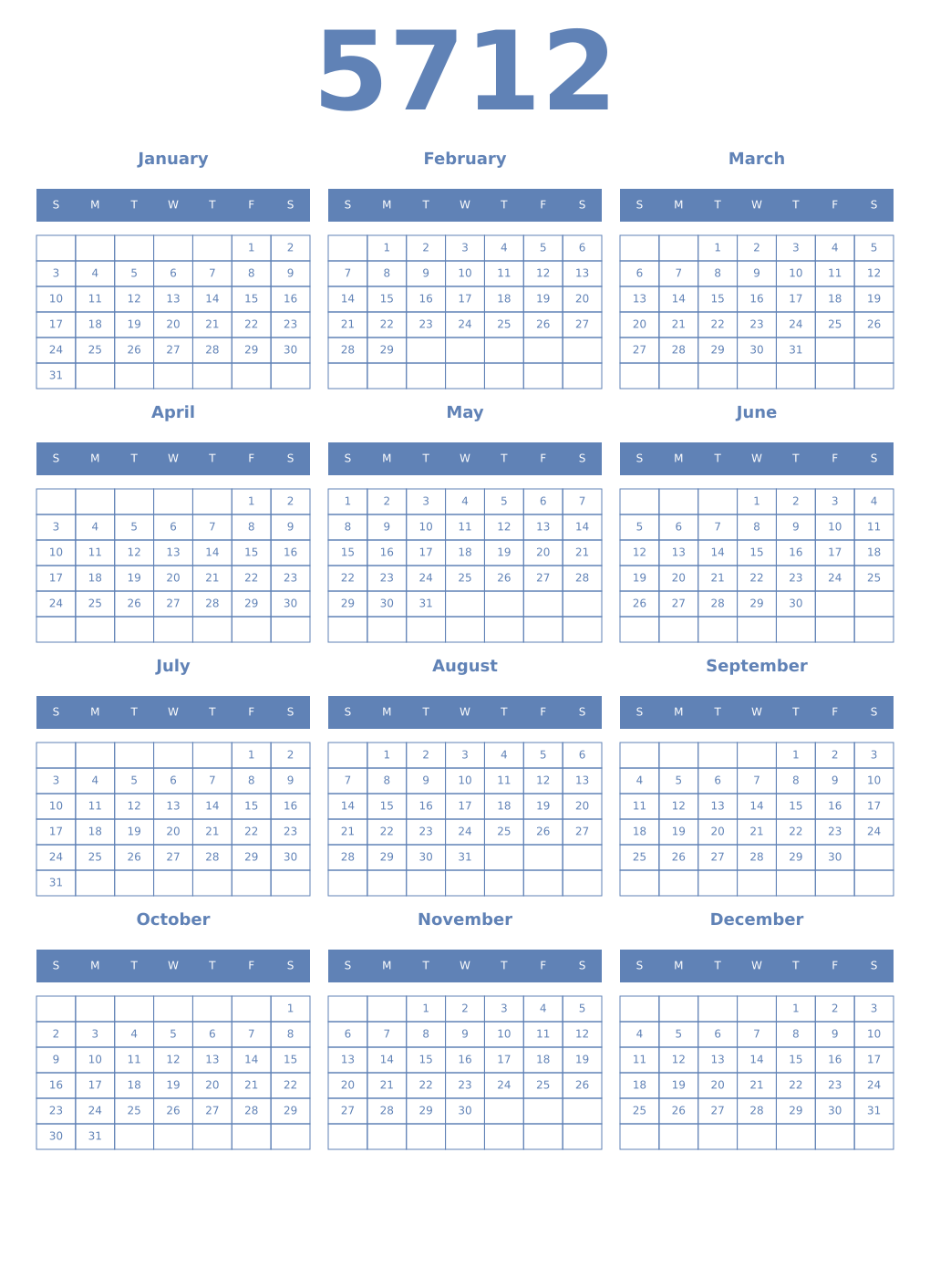Printable 5712 Year Calendars glaucous