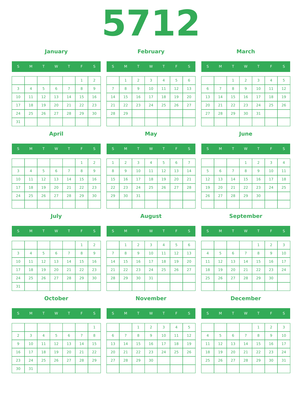 Printable 5712 Year Calendars green