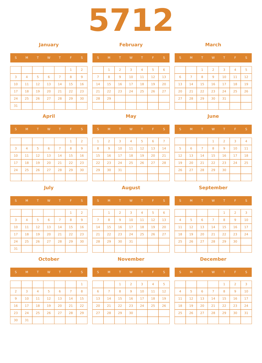 Printable 5712 Year Calendars orange