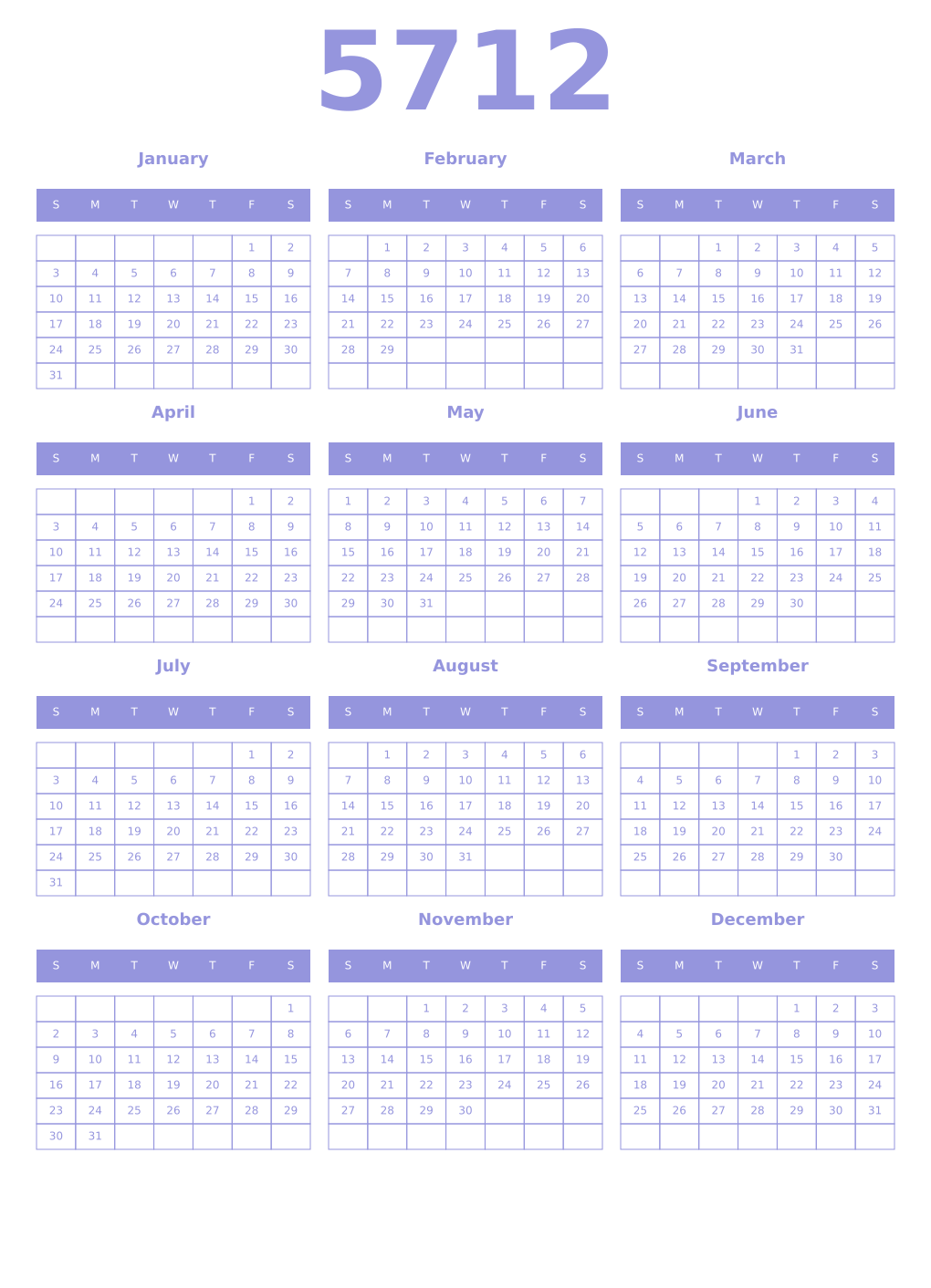 Printable 5712 Year Calendars periwinkle
