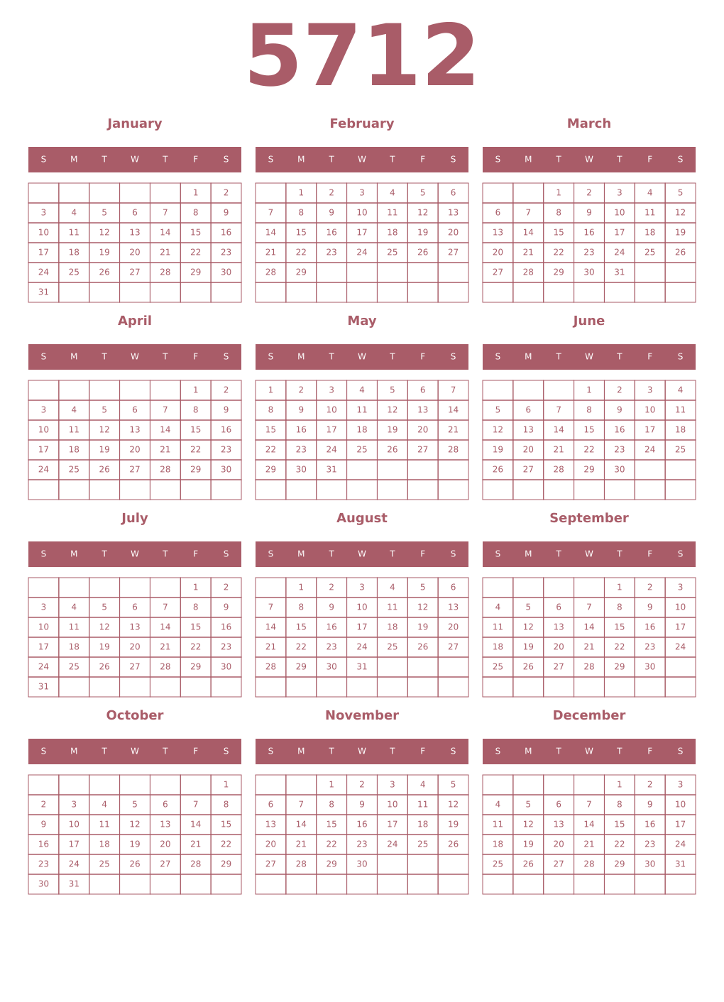 Printable 5712 Year Calendars puce