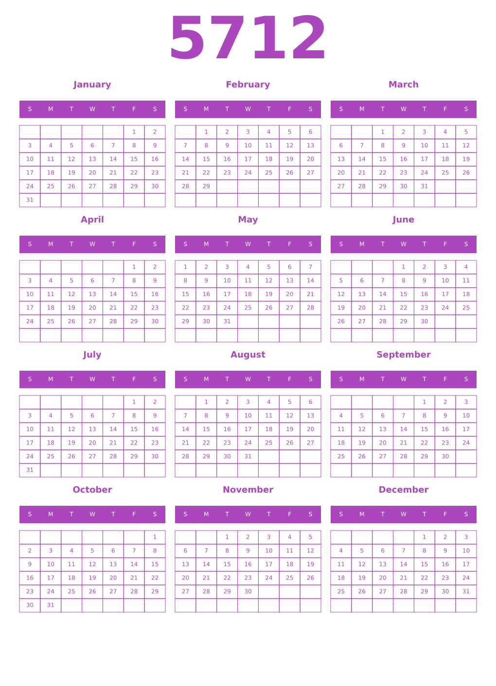 Printable 5712 Year Calendars purple