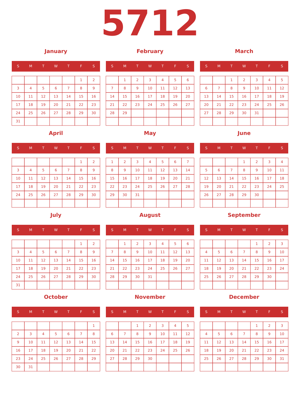 Printable 5712 Year Calendars red