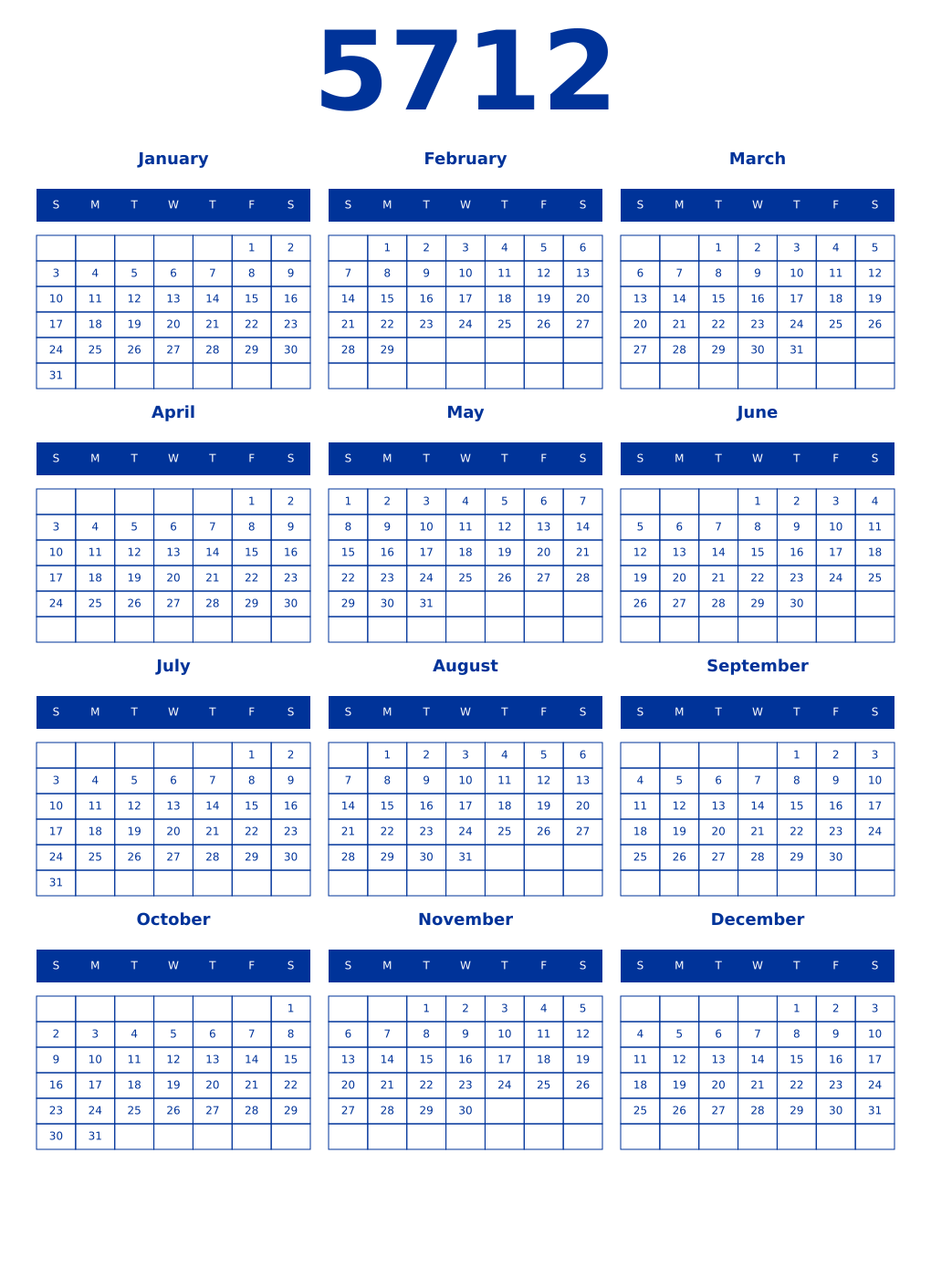 Printable 5712 Year Calendars smalt