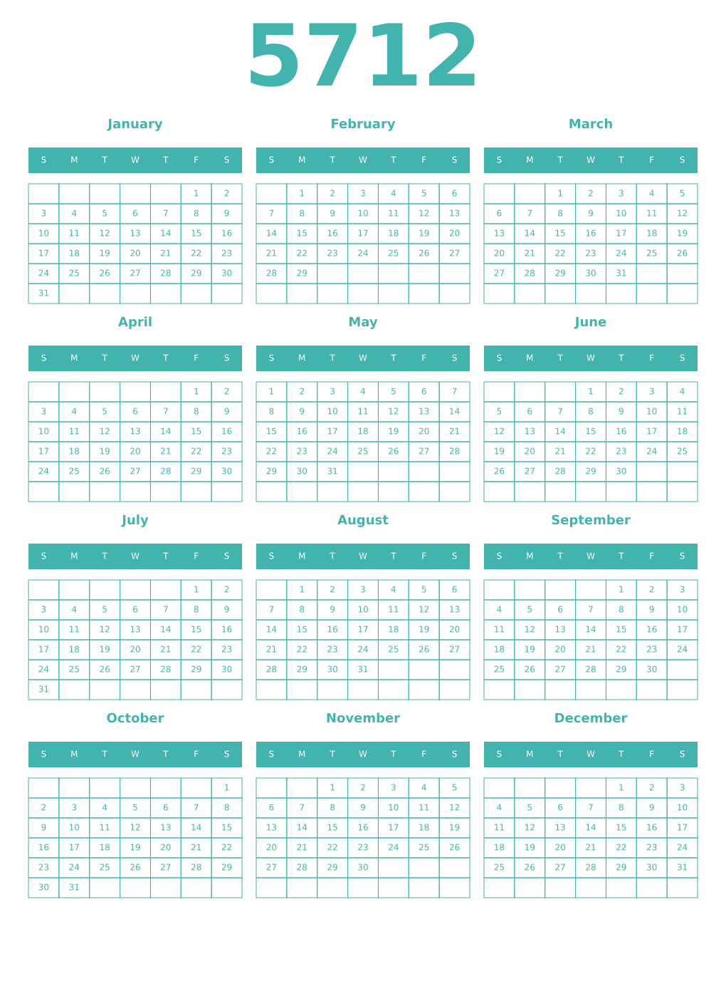 Printable 5712 Year Calendars verdigris