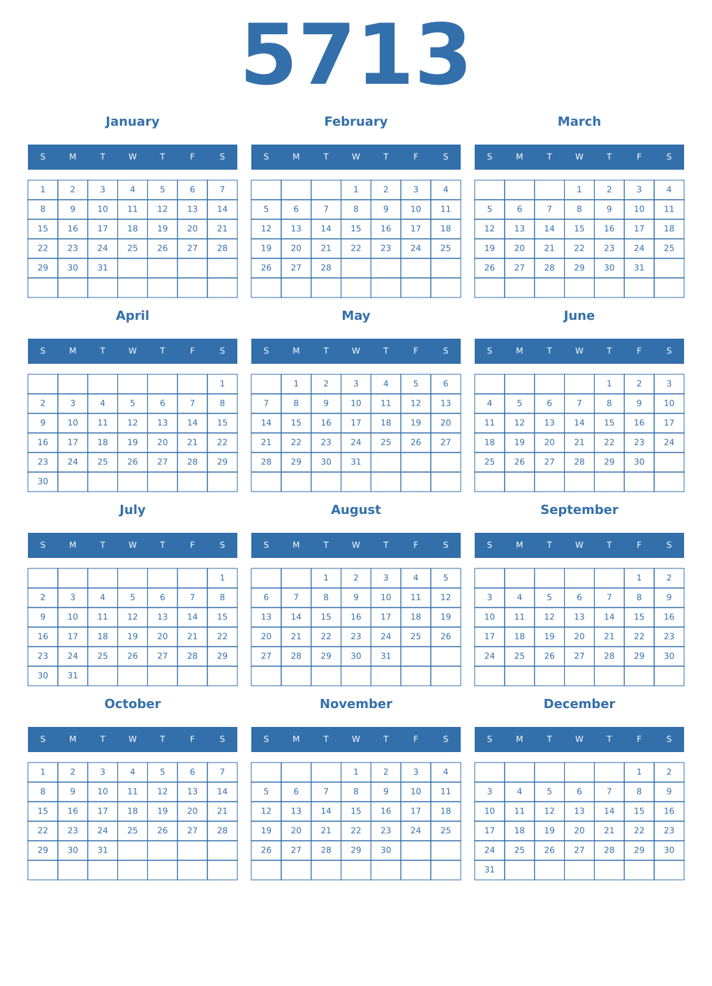 Printable 5713 Year Calendars blue
