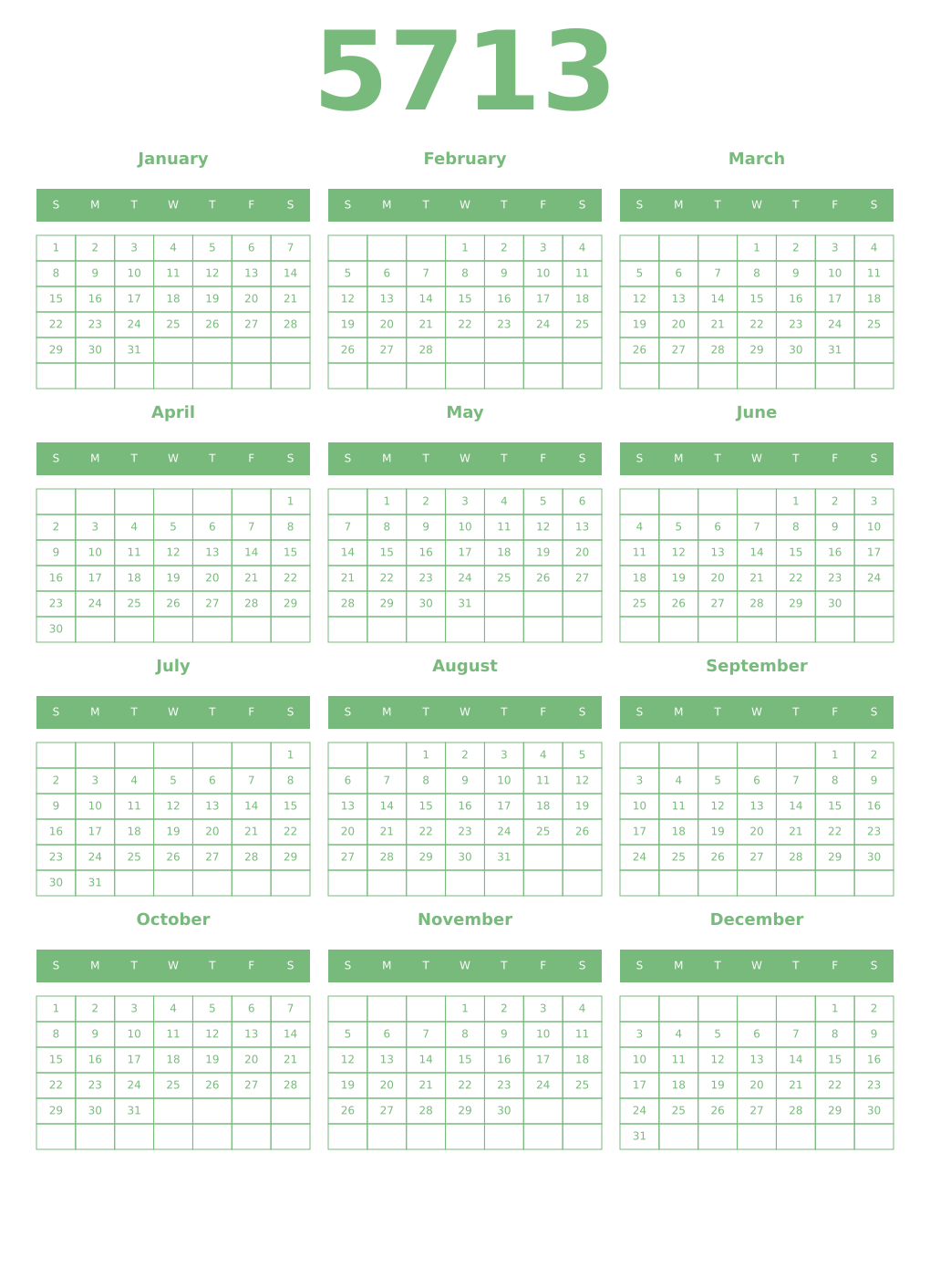 Printable 5713 Year Calendars celadon