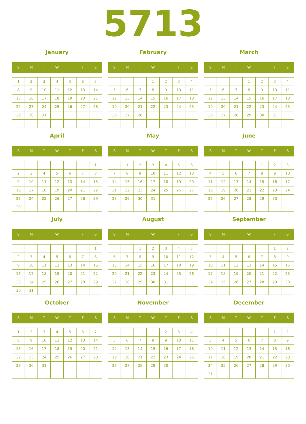 Printable 5713 Year Calendars chartreuse