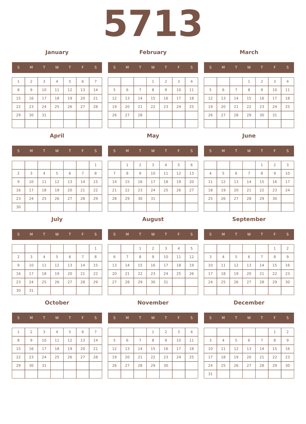 Printable 5713 Year Calendars coffe