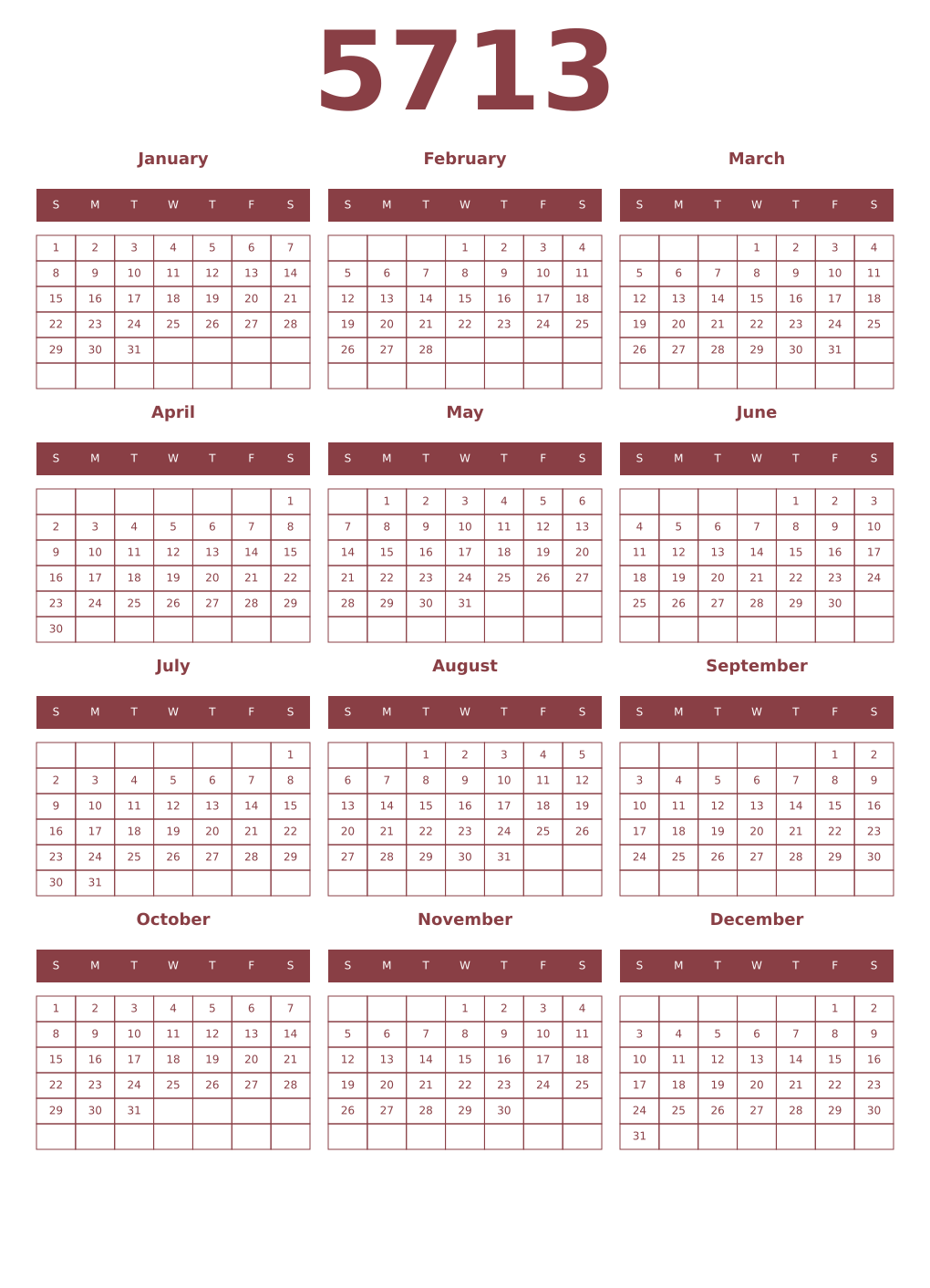 Printable 5713 Year Calendars cordovan