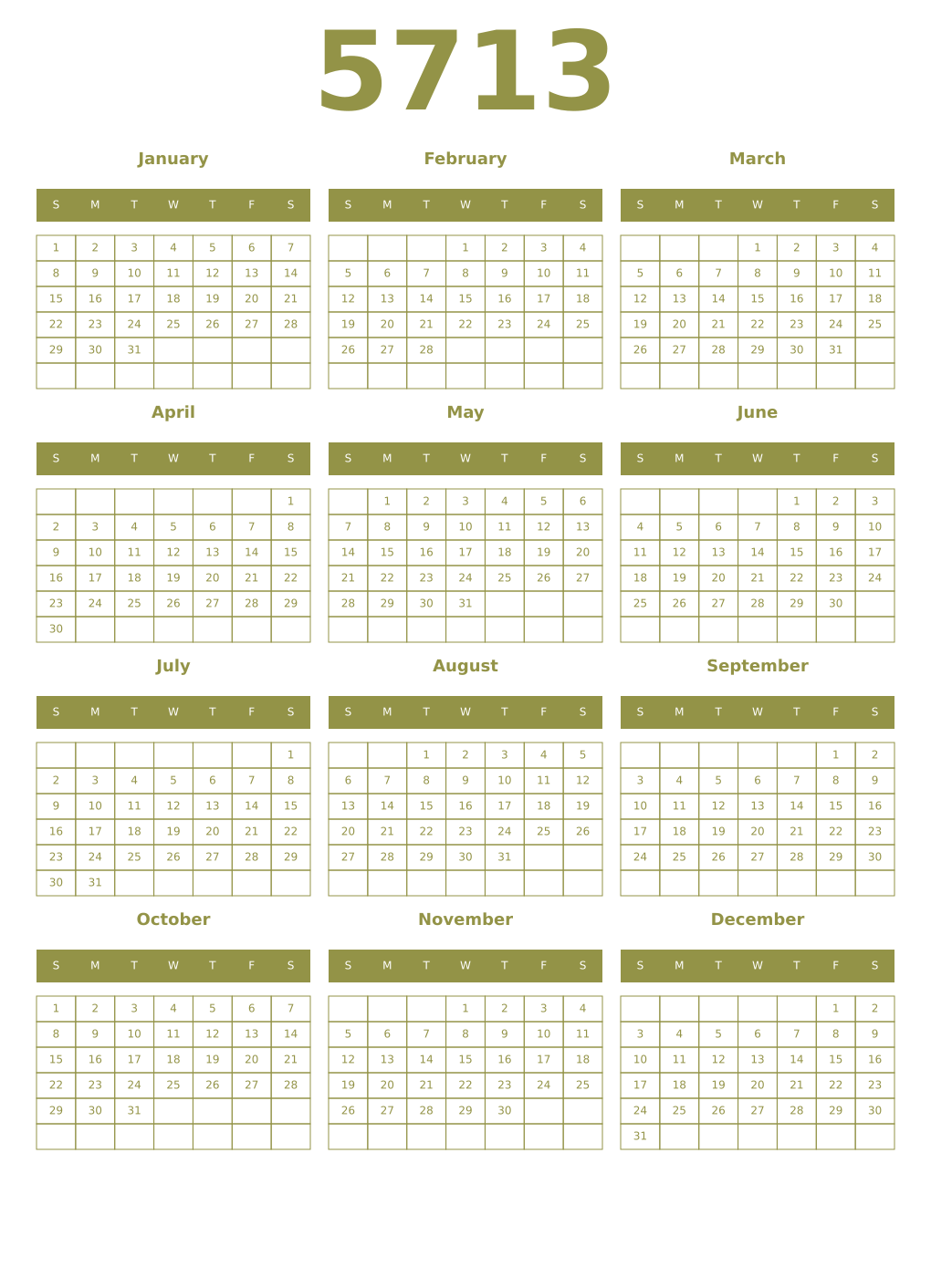 Printable 5713 Year Calendars eburnean