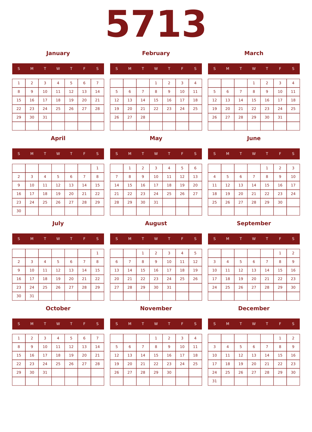 Printable 5713 Year Calendars falu
