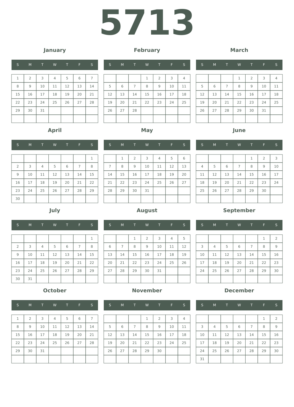 Printable 5713 Year Calendars feldgrau