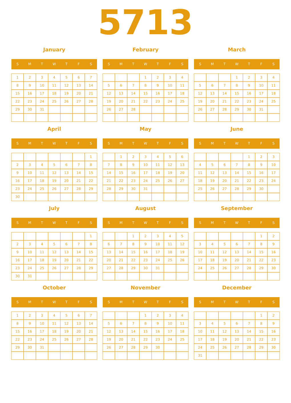 Printable 5713 Year Calendars gamboge