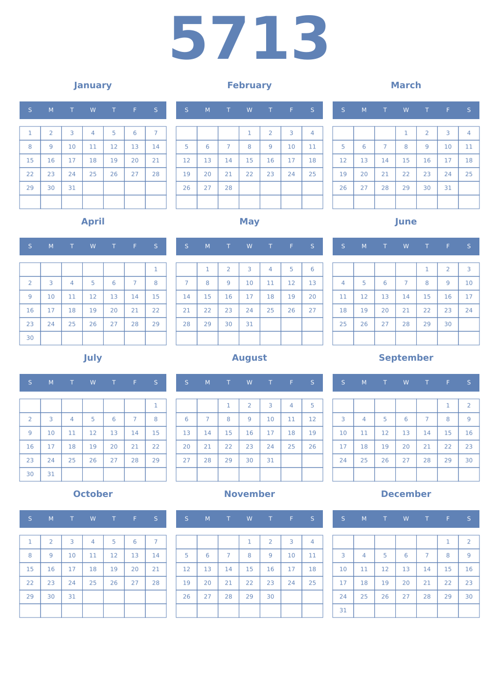 Printable 5713 Year Calendars glaucous