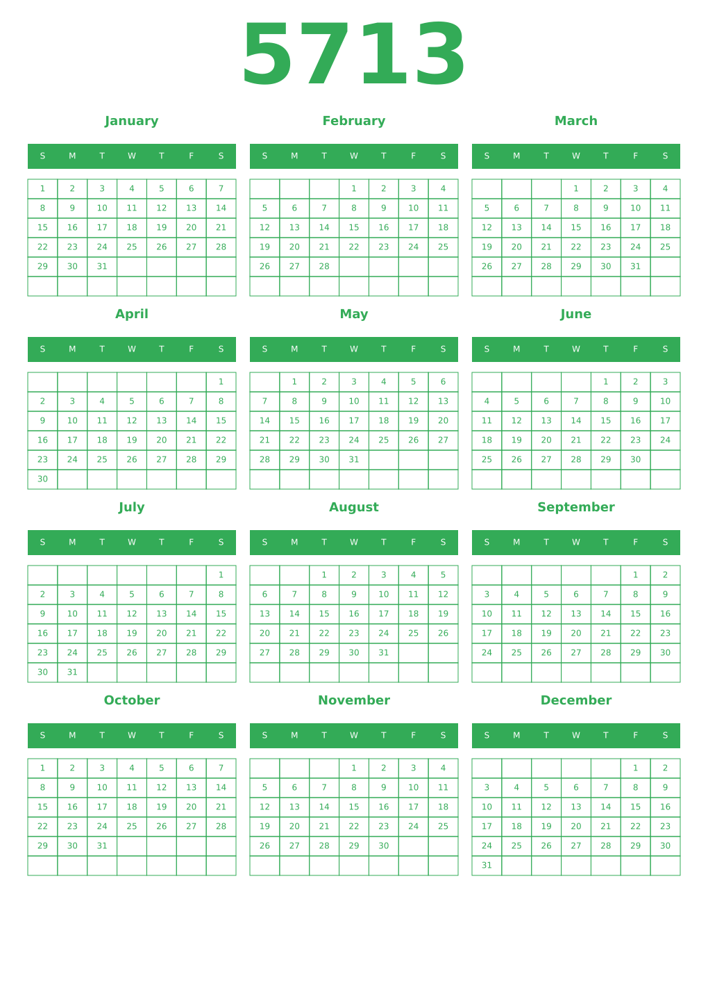 Printable 5713 Year Calendars green