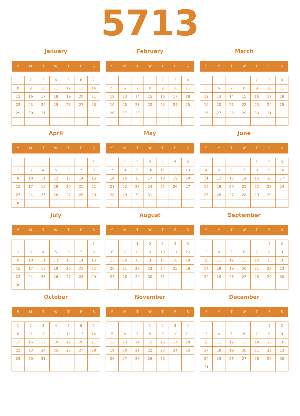 Printable 5713 Year Calendars orange