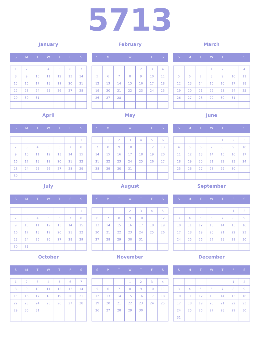Printable 5713 Year Calendars periwinkle