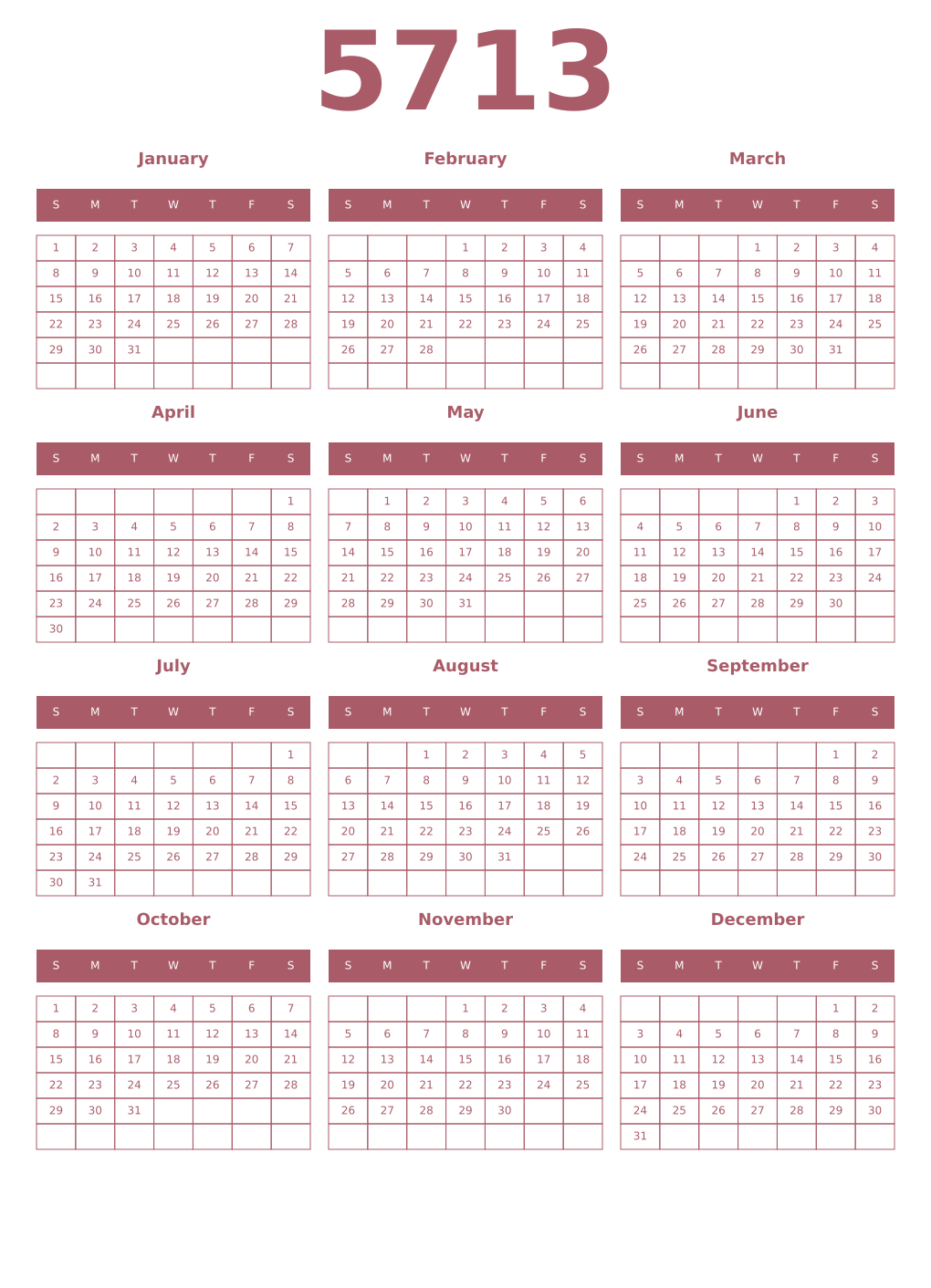 Printable 5713 Year Calendars puce