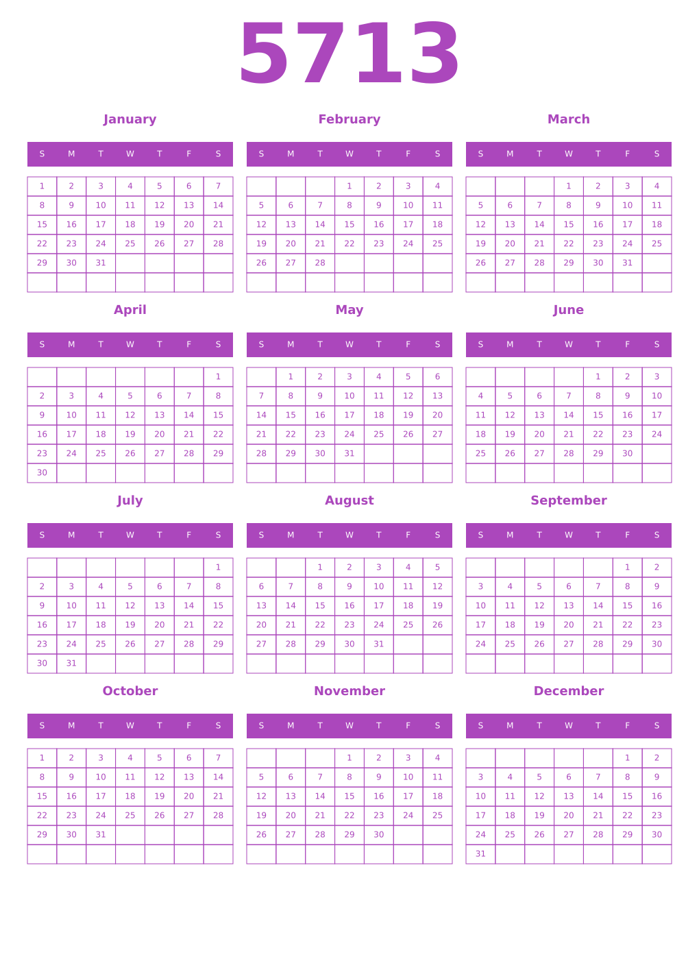 Printable 5713 Year Calendars purple