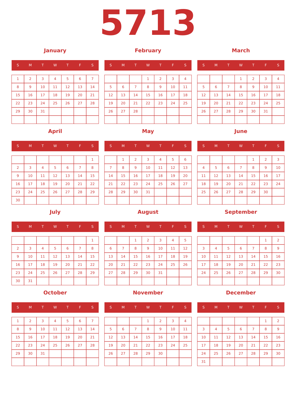 Printable 5713 Year Calendars red