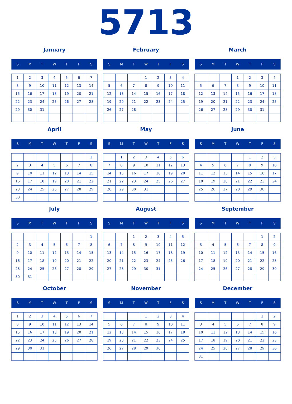 Printable 5713 Year Calendars smalt