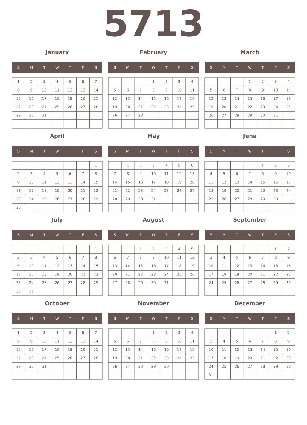 Printable 5713 Year Calendars wenge
