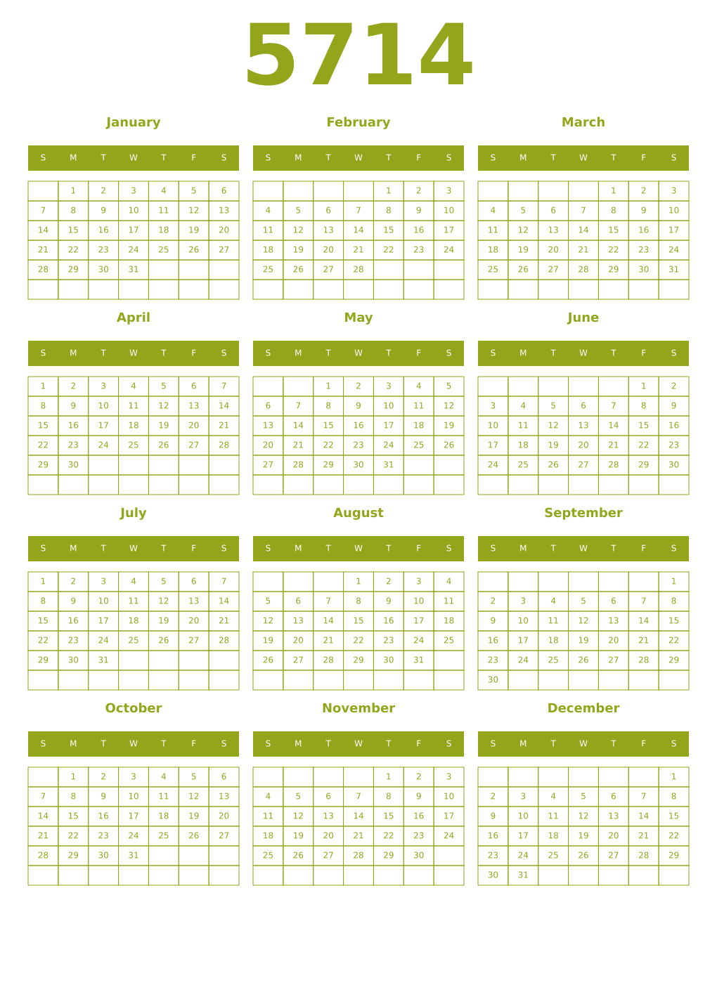 Printable 5714 Year Calendars chartreuse