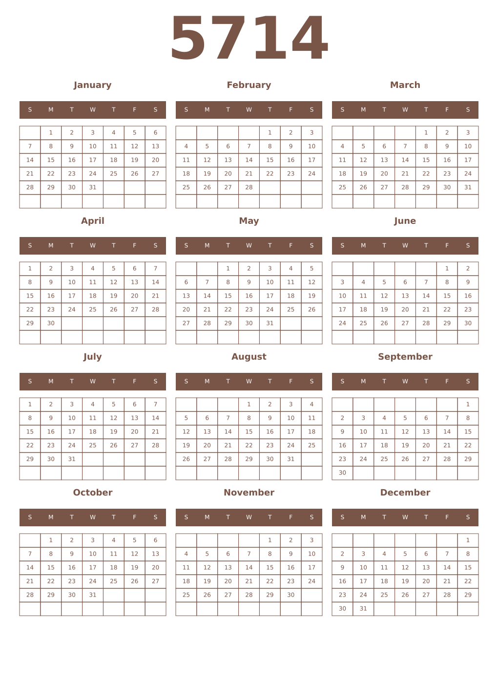Printable 5714 Year Calendars coffe