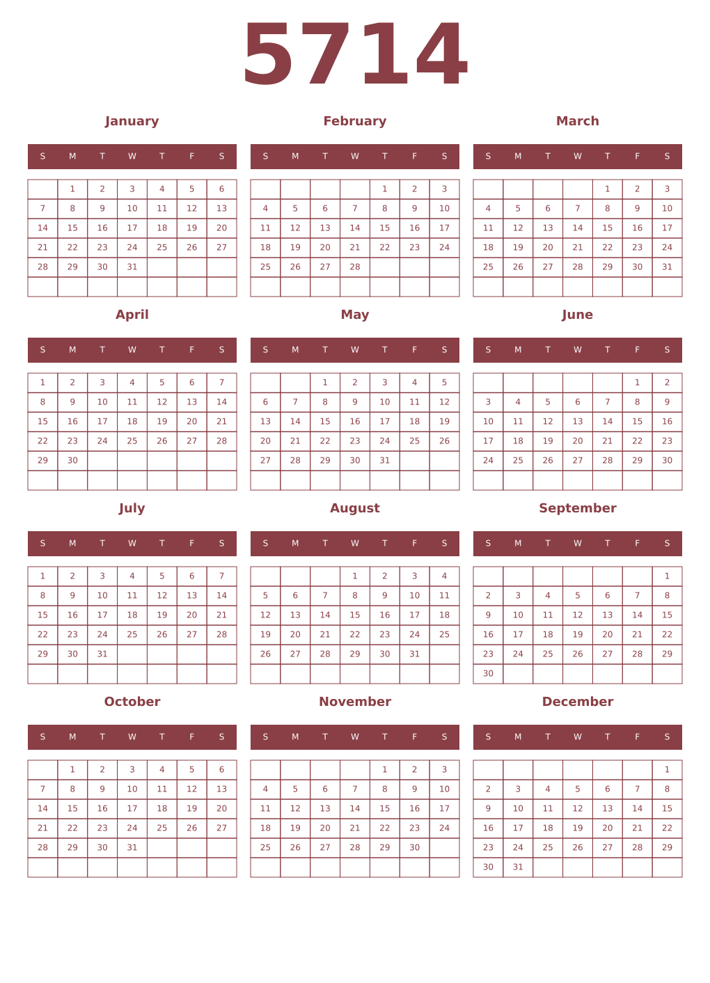 Printable 5714 Year Calendars cordovan