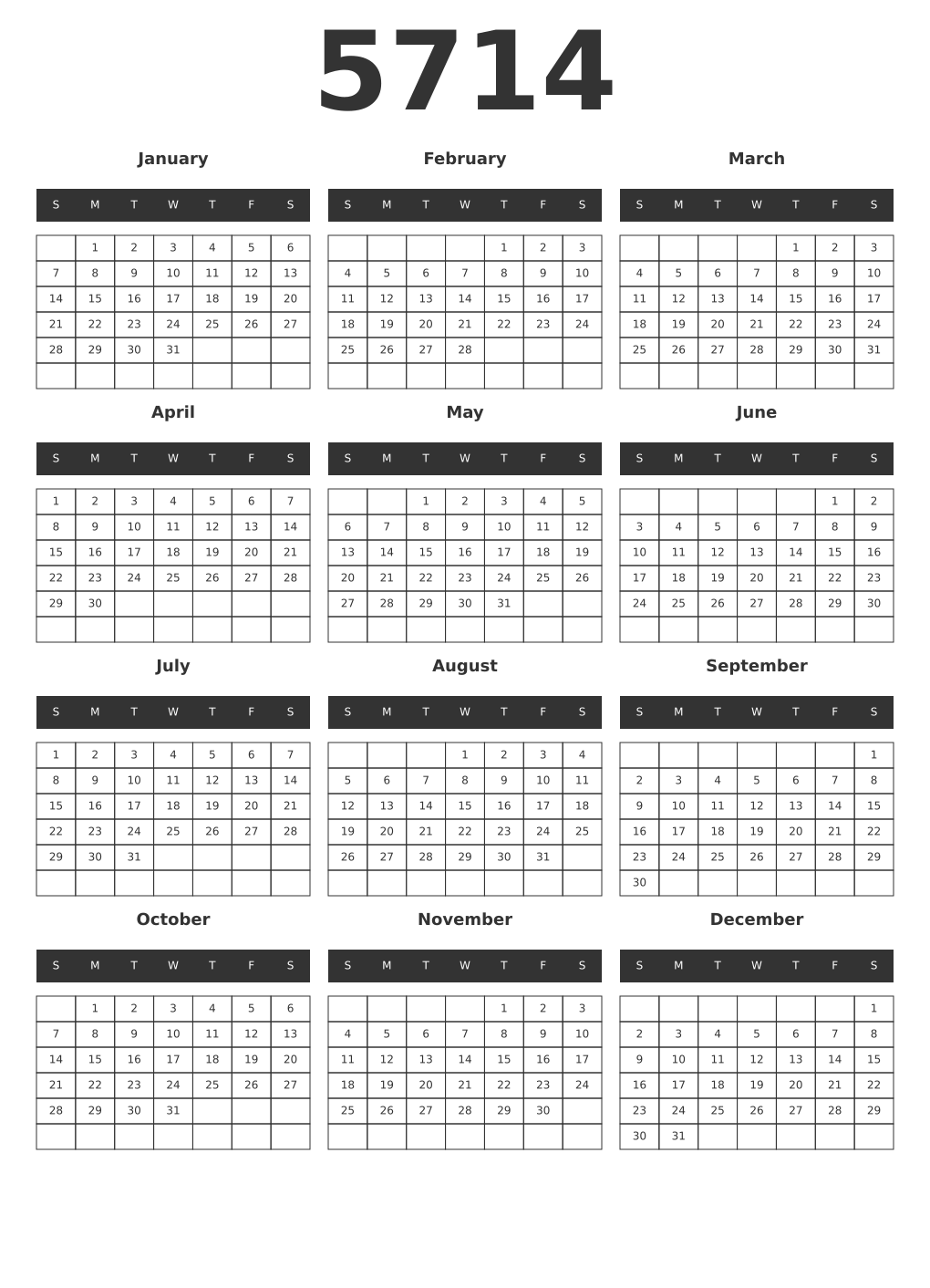 Printable 5714 Year Calendars dark