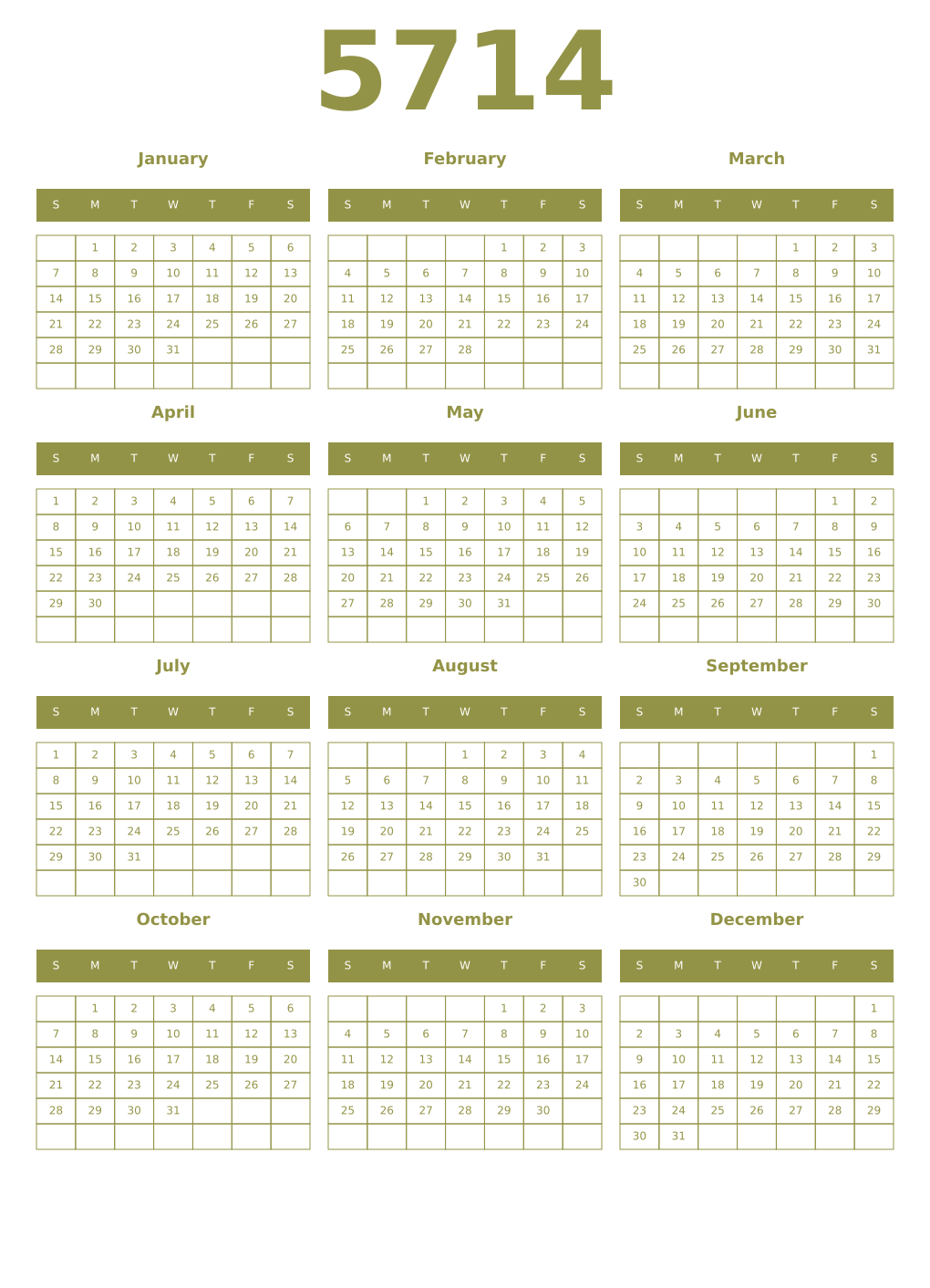 Printable 5714 Year Calendars eburnean