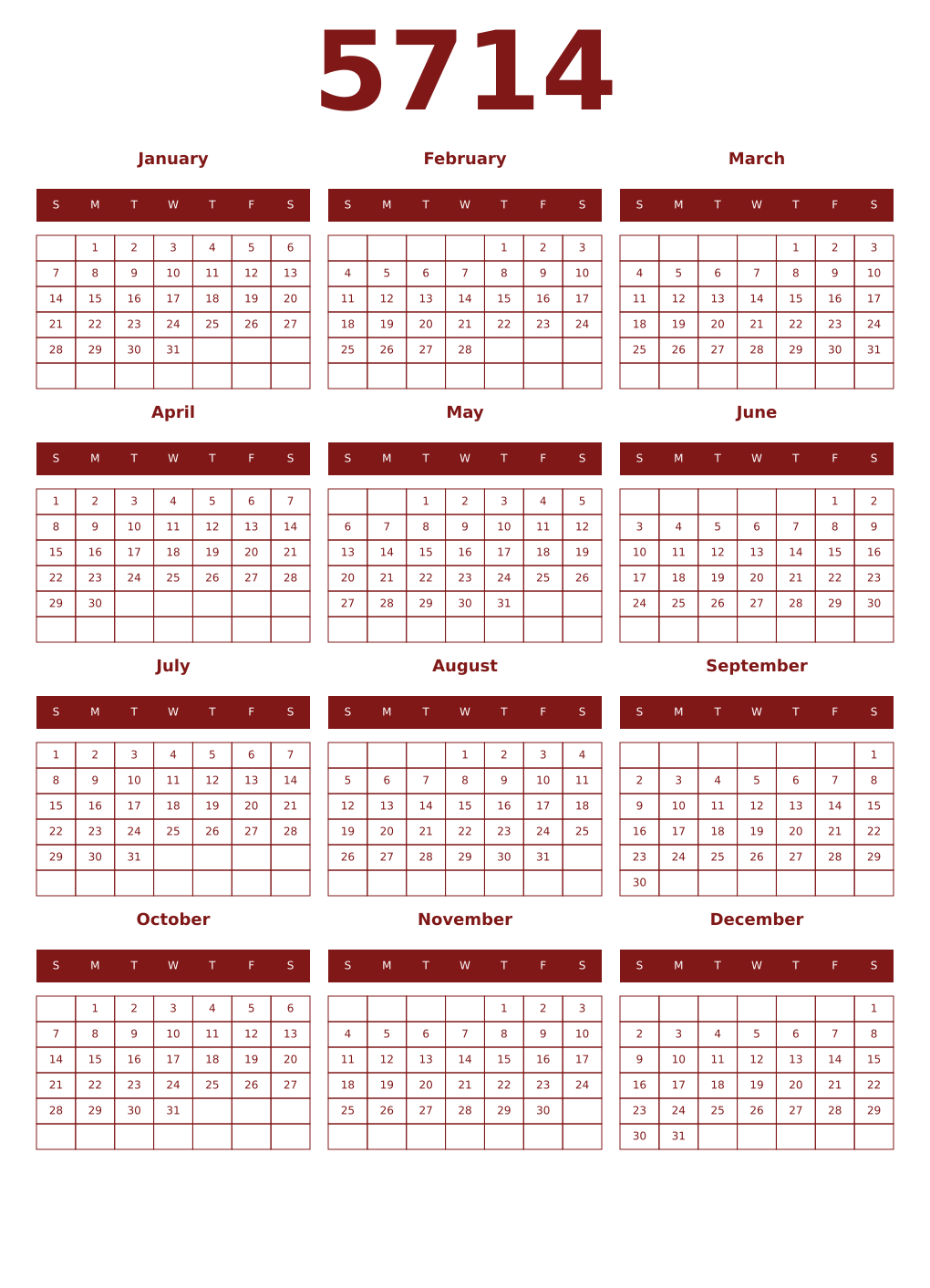 Printable 5714 Year Calendars falu