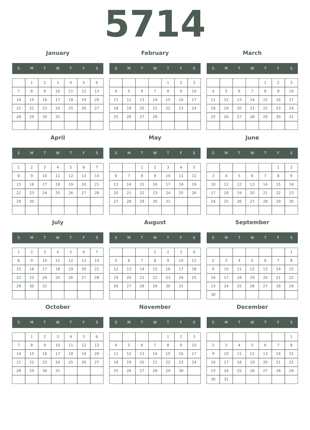 Printable 5714 Year Calendars feldgrau