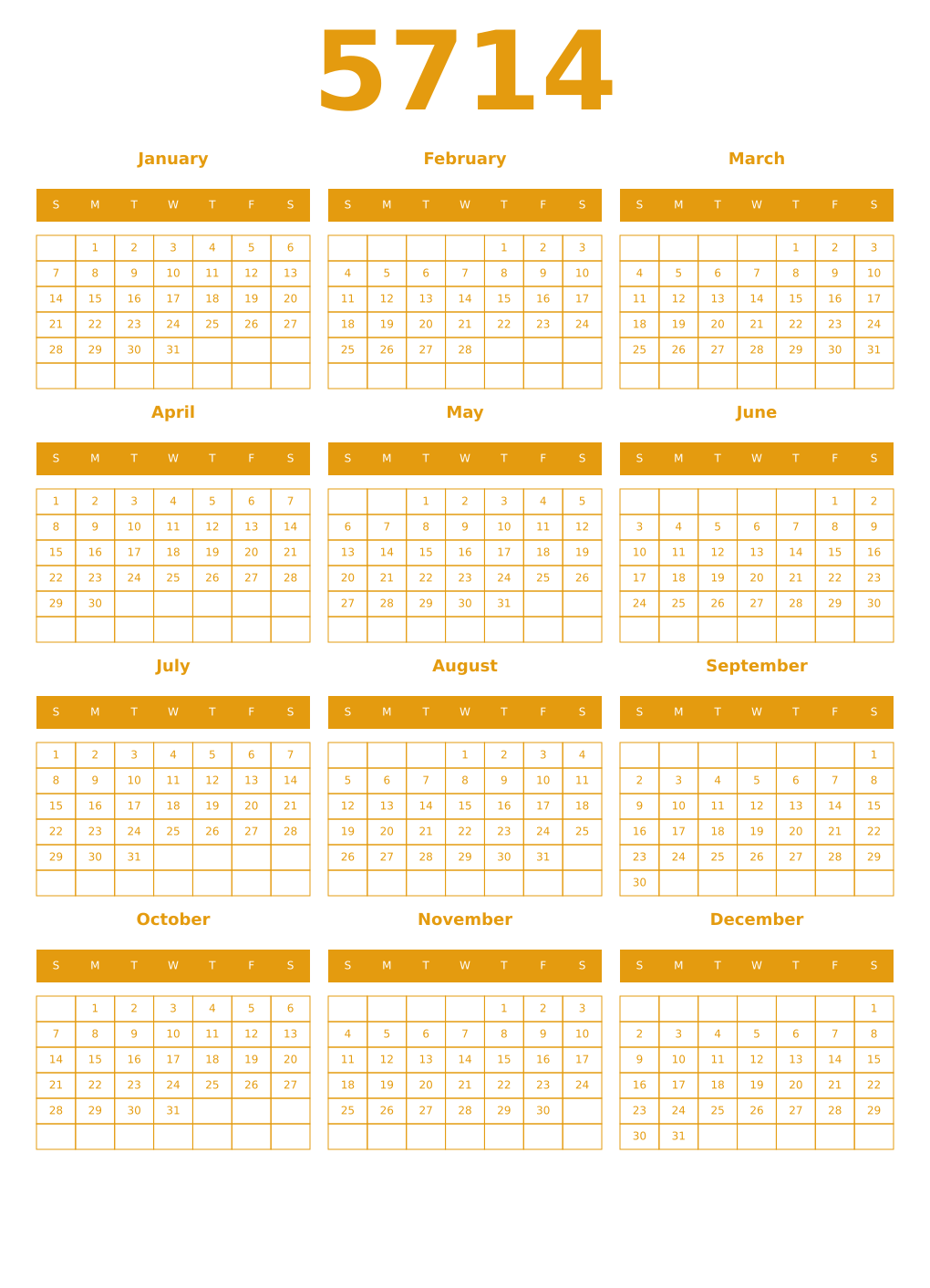 Printable 5714 Year Calendars gamboge