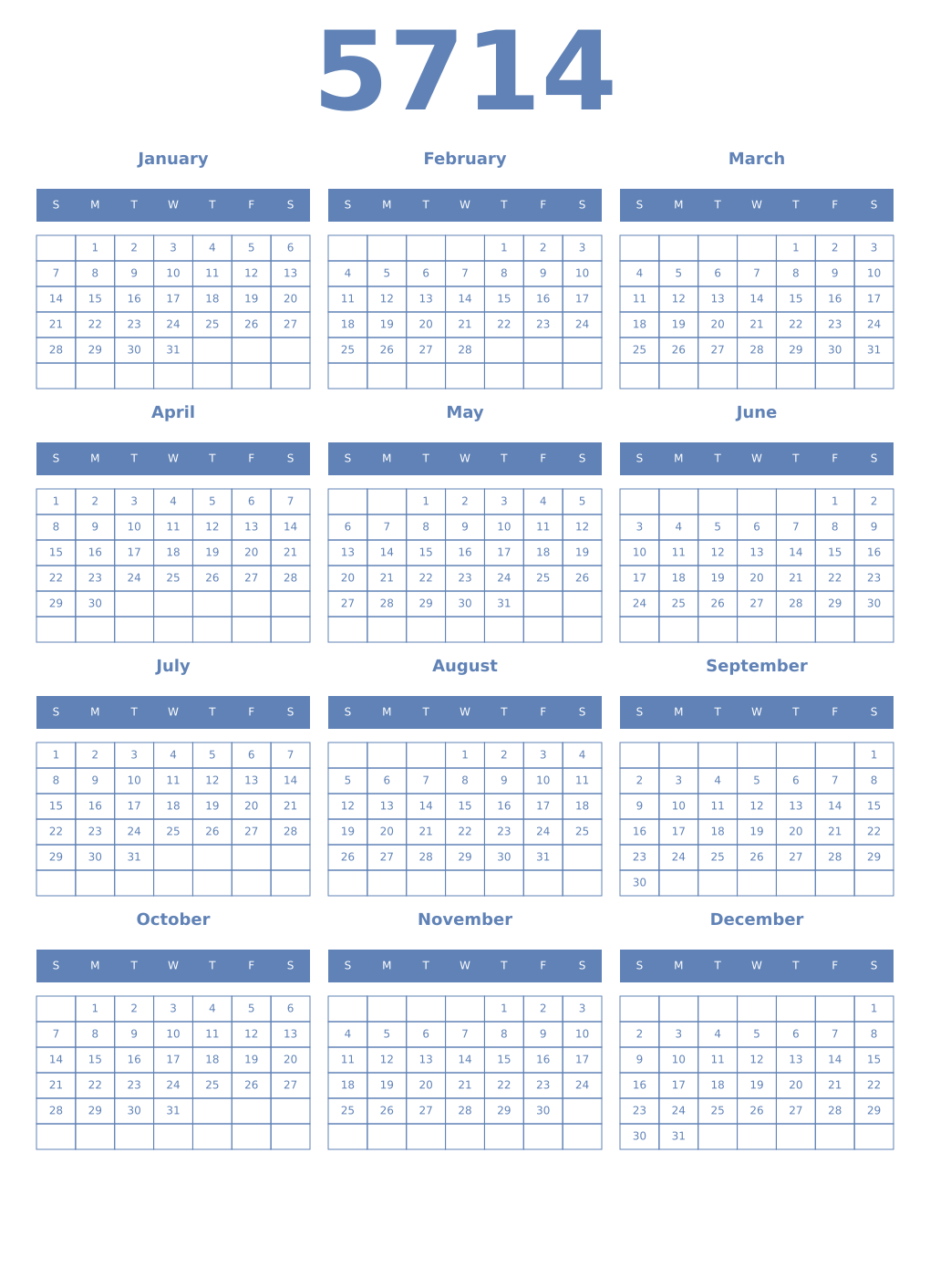 Printable 5714 Year Calendars glaucous