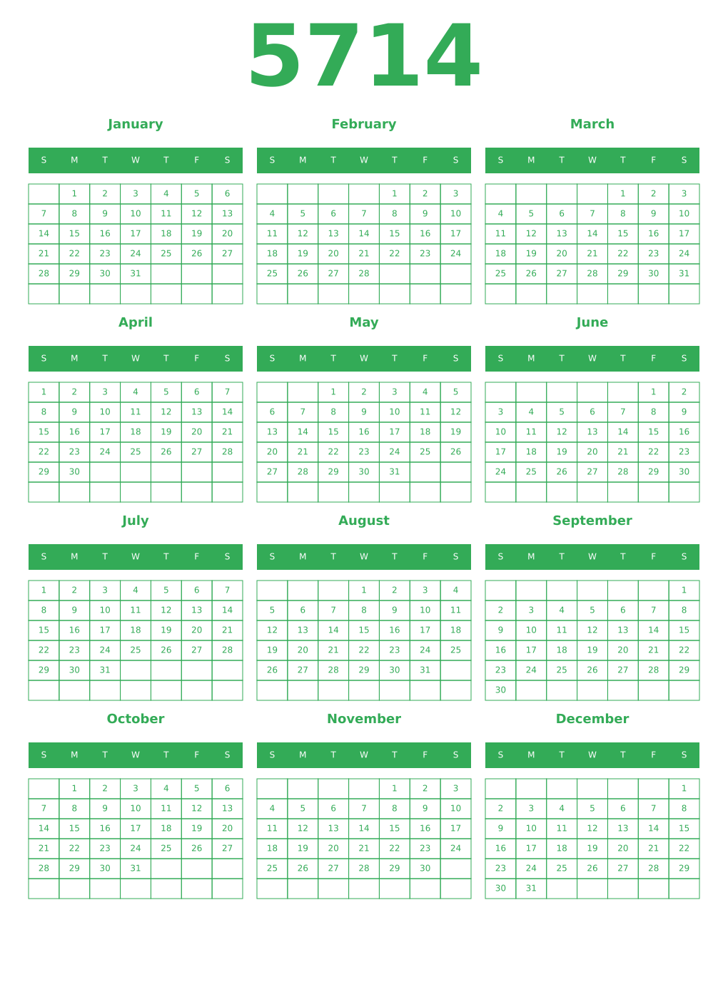 Printable 5714 Year Calendars green