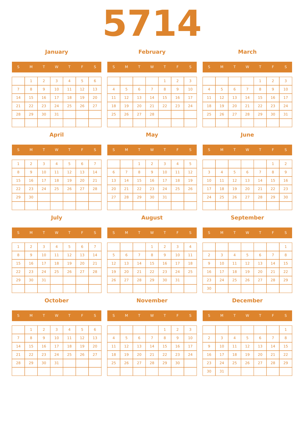 Printable 5714 Year Calendars orange