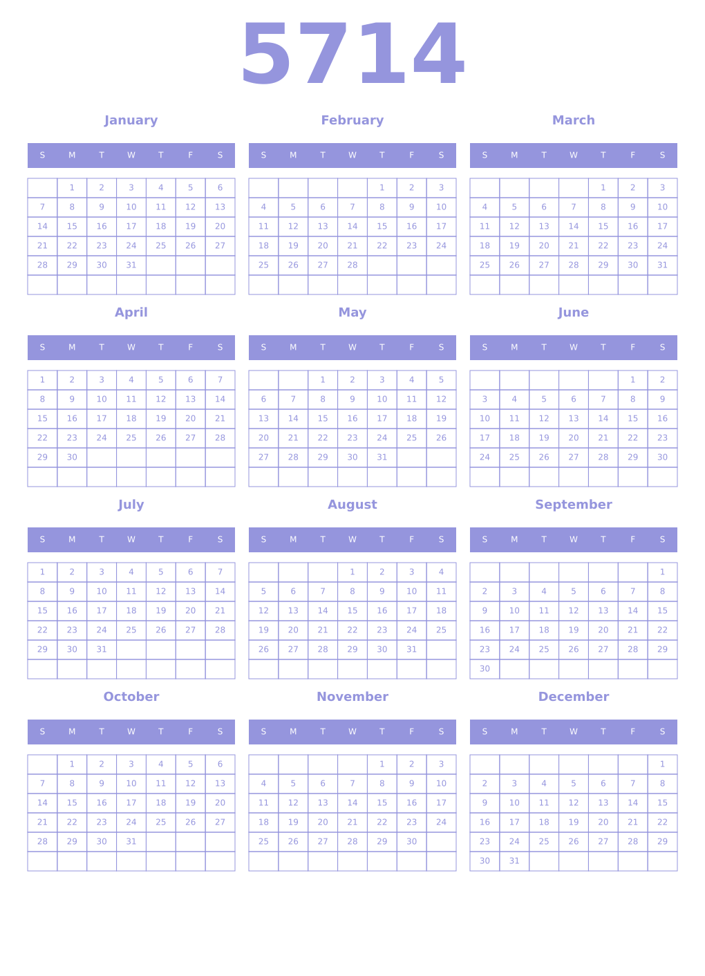 Printable 5714 Year Calendars periwinkle