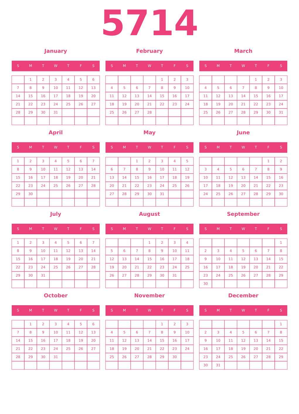 Printable 5714 Year Calendars pink