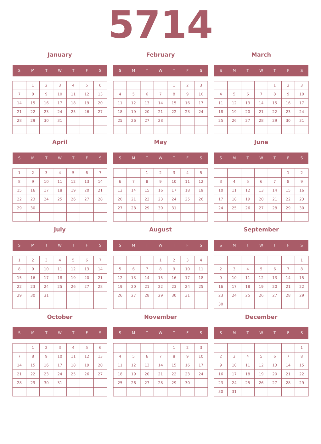 Printable 5714 Year Calendars puce