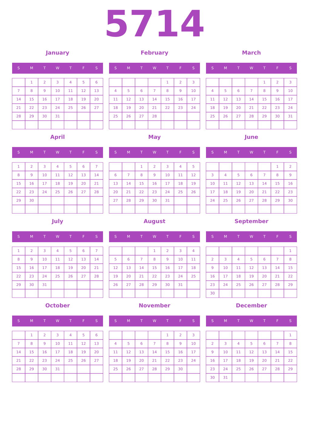 Printable 5714 Year Calendars purple