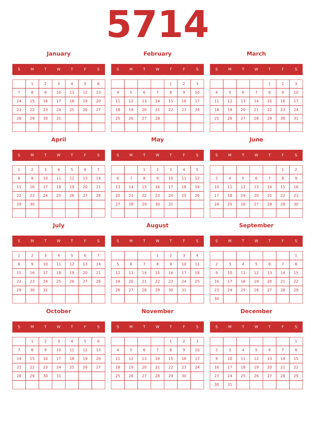 Printable 5714 Year Calendars red