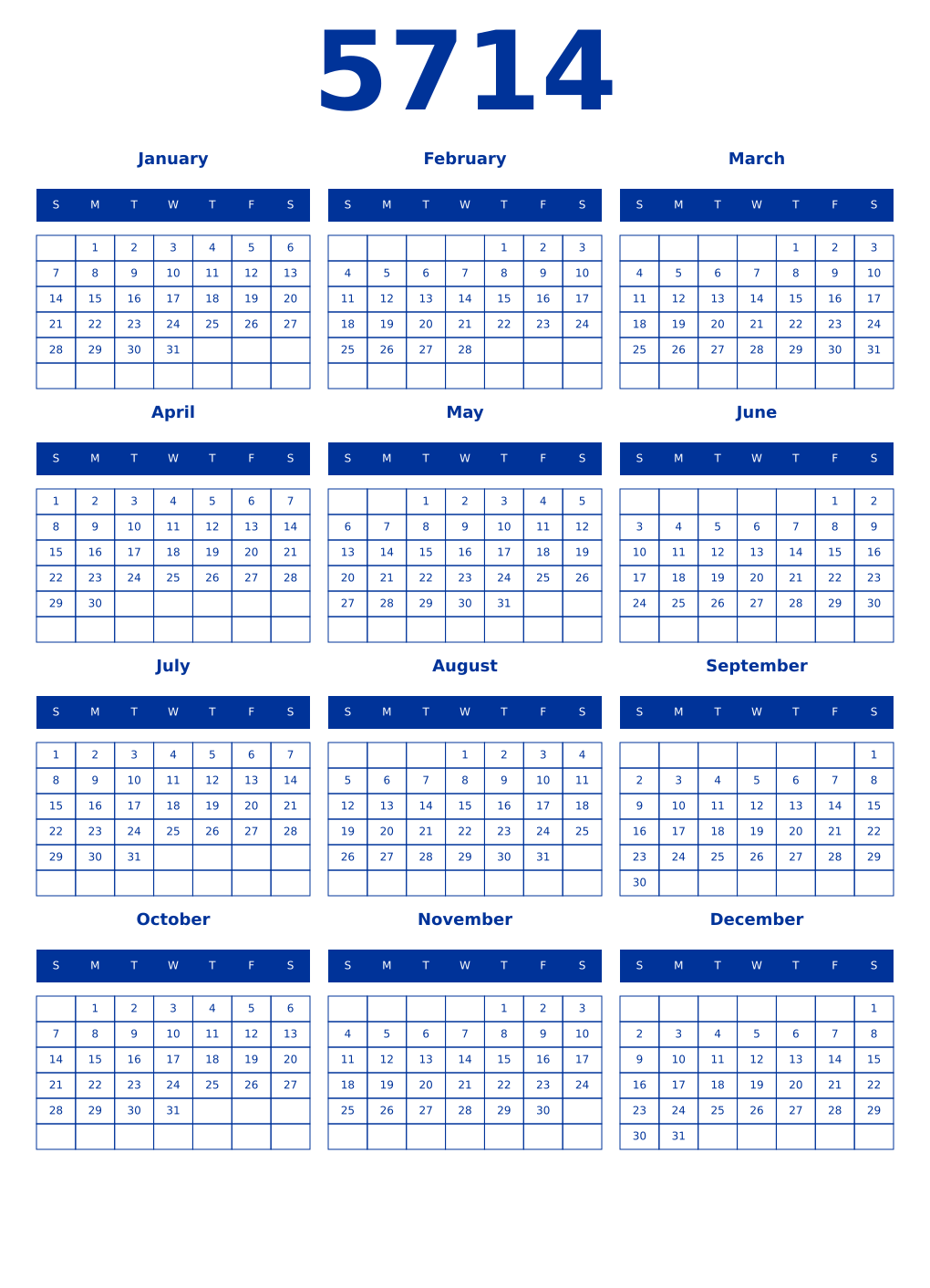 Printable 5714 Year Calendars smalt
